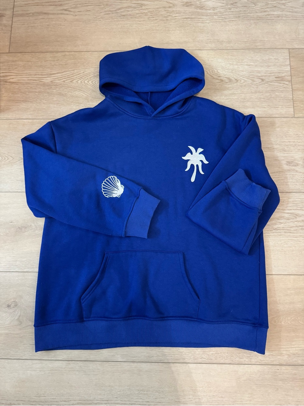 Pink Palm Puff XL Royal Blue Embroidered Hibiscus Coastal Hoodie